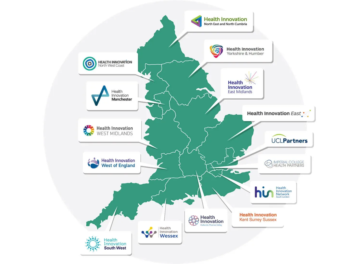 UK map showing all of the health innovation network regions