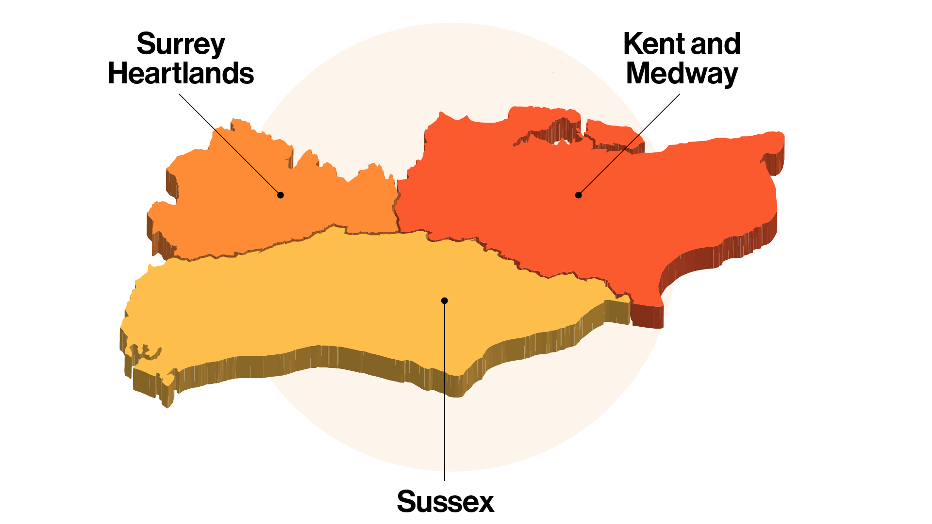 Map showing the location of the three counties, Kent, Surrey and Sussex